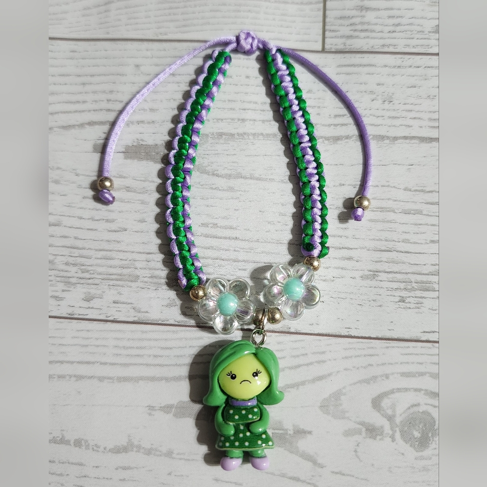 Green and Purple Beaded Bracelet with Disney Inside Out Disgust